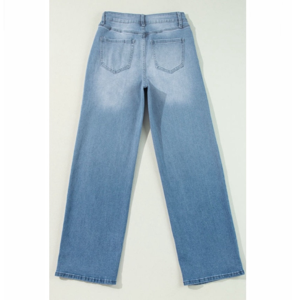 Light Blue High Rise Shift Slit Straight Leg Jeans - Picture 6 of 14